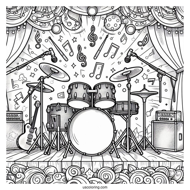 Music Coloring Page Of Complete Drum Set On Stage