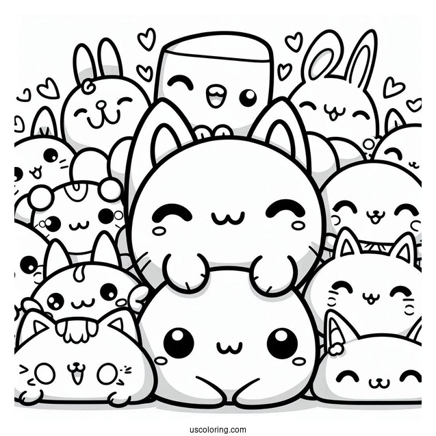 Kawaii Smiling Critters Coloring Page On Top Of Each Other