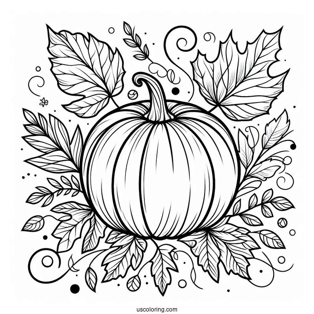 Pumpkin Coloring Page With Vines And Fall Leaves