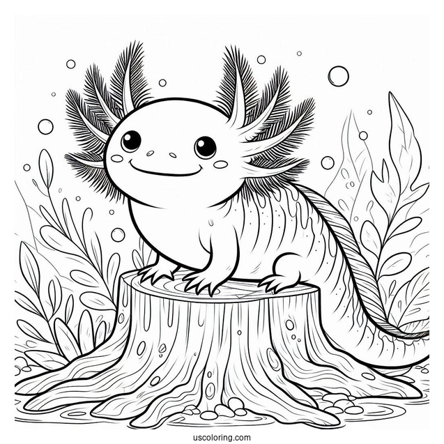 Happy Axolotl Coloring Page Standing On A Stump Under The Sea