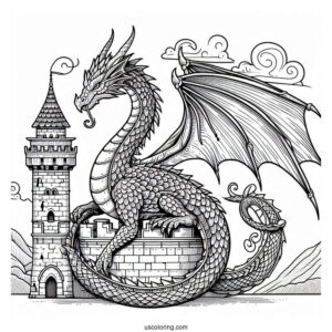 Dragon With Large Scales Wrapped Around Castle Tower