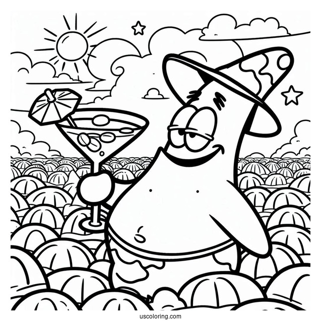 Patrick Star Coloring Page Drinking Cocktail In Front Of Jelly Fields