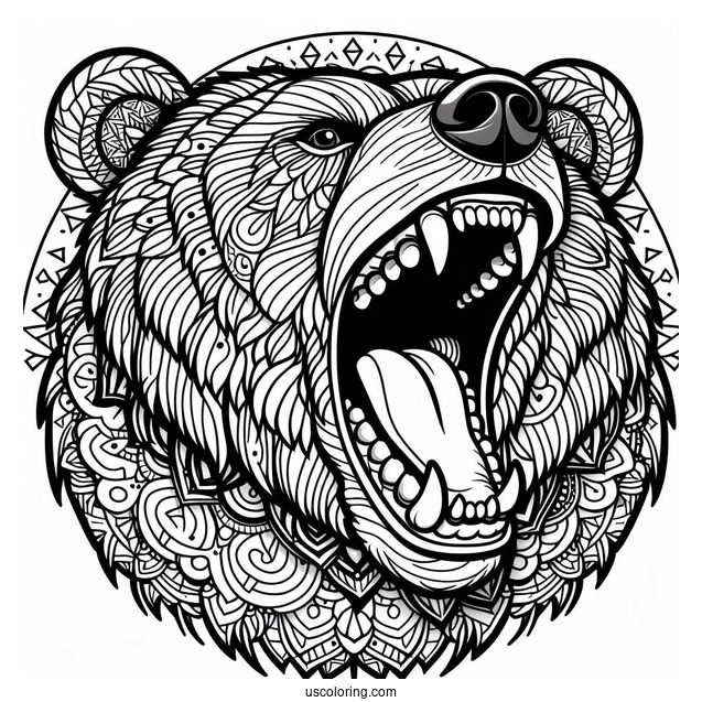 Roaring Bear Coloring Page With Sharp Teeth Mandala