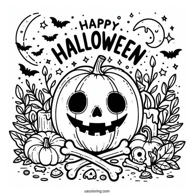 Pumpkin Coloring Page With Happy Halloween In Bones To Color