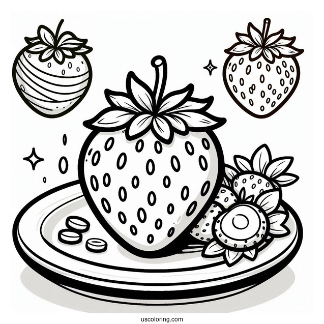 Pretty Strawberry Coloring Page On A Plate For Kids