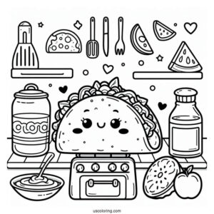 Adorable Taco On The Kitchen Coloring Sheet For Kids