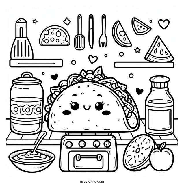 Adorable Taco On The Kitchen Coloring Sheet For Kids