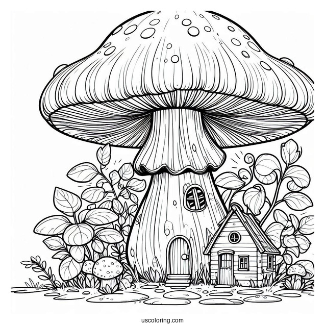 Massive Mushroom Coloring Page Growing Around A Small House