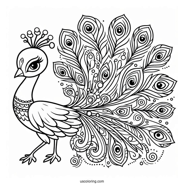 Cartoon Peacock Coloring Page Showing Off Fancy Tail Feathers For Kids