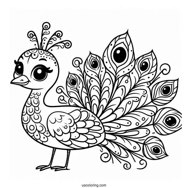 Easy Cartoon Peacock Coloring Page with Big Eyes and Simple Feathers For Kids