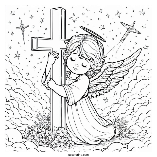 Adorable Angel Hugging A Cross In The Sky Coloring Sheet For Kids