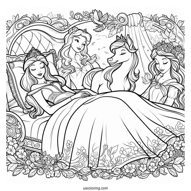Sleeping Beauty Coloring Page Of Fairy Godmothers Flora, Fauna, And Merryweather Beside Sleeping Beauty