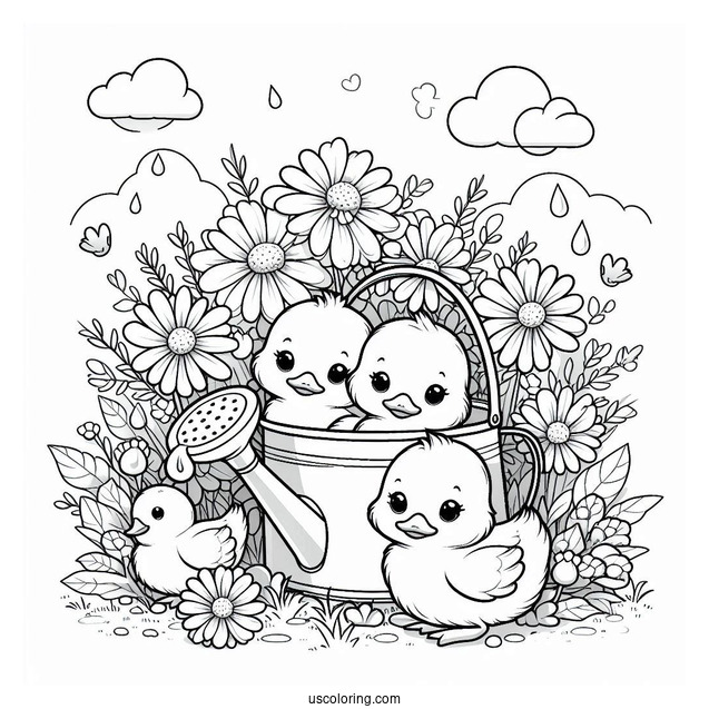 Spring Ducklings In A Watering Can Surrounded by Daisies Coloring Sheet