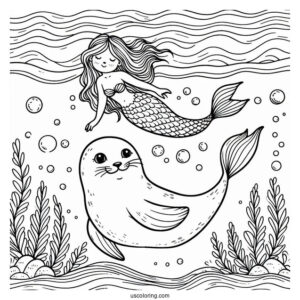 Seal Coloring Page Swimming With A Mermaid