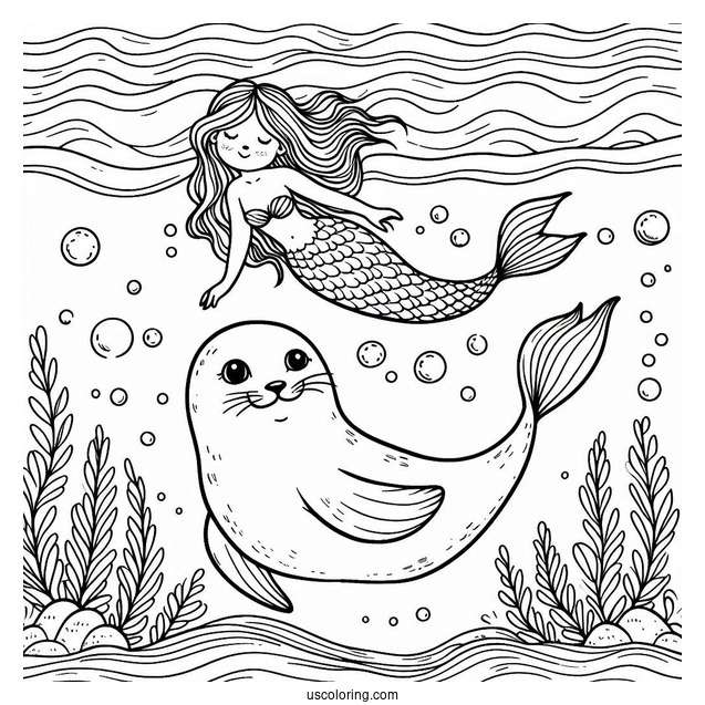 Seal Coloring Page Swimming With A Mermaid