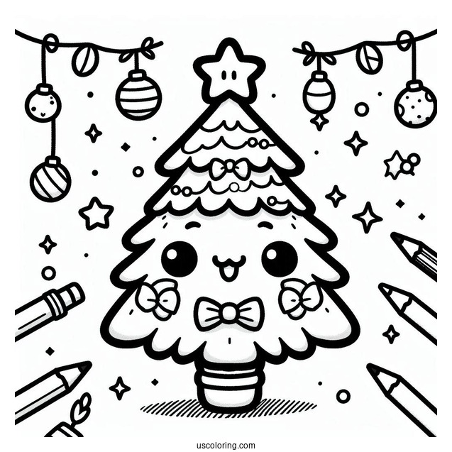 Cute Kawaii Christmas Tree Coloring Page