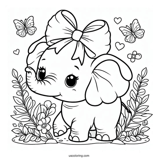Cute Baby Elephant With Bow Coloring