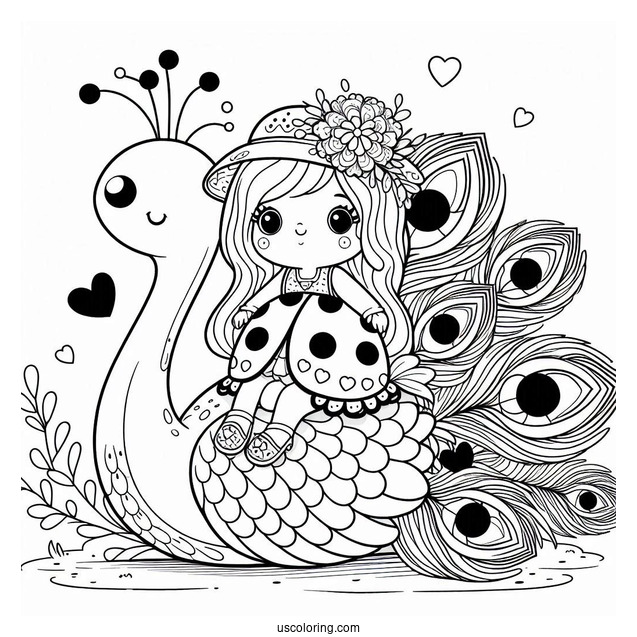 Cartoon Ladybug Sitting On Peacock Coloring Page with Flower Hat and Heart Shaped Tail Feathers