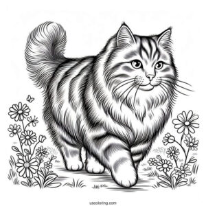 Siberian Cat Walking On Flower Field Coloring In