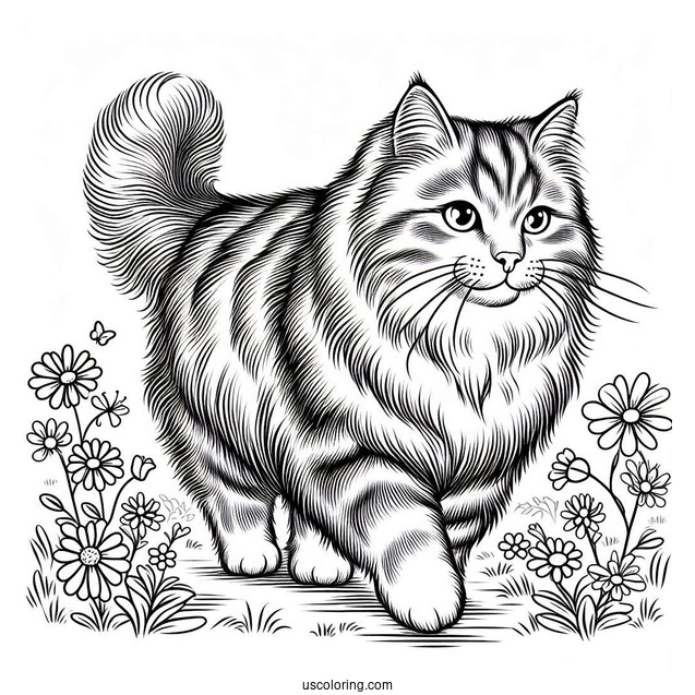 Siberian Cat Walking On Flower Field Coloring In