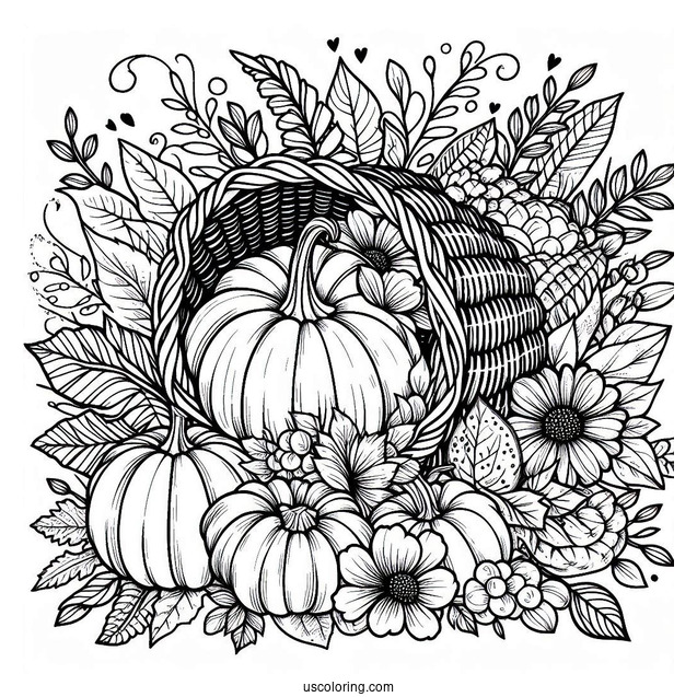 Pilgrim Coloring Page Of Cornucopia Filled With Pumpkins, Flowers, And Other Harvest