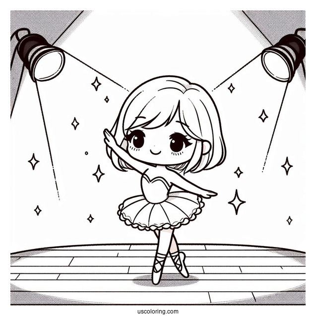 Chibi Coloring Page Ballerina Dancing on Stage Under a Spotlight For Kids