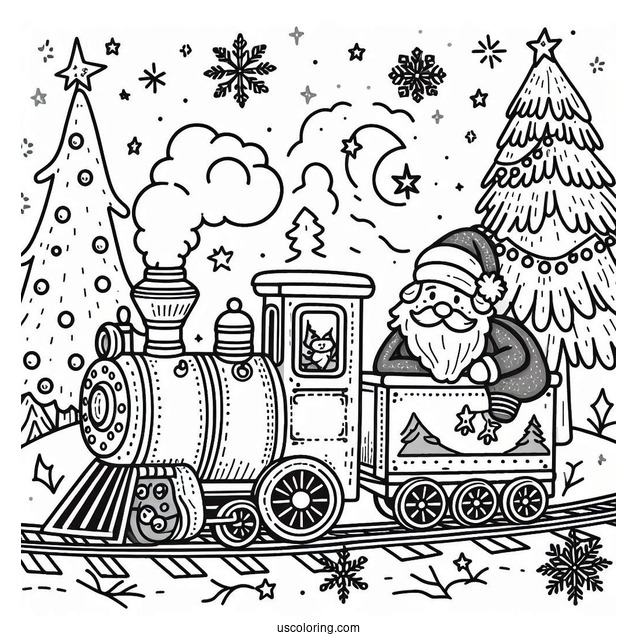 Coloring Page Of a Christmas Train With Santa