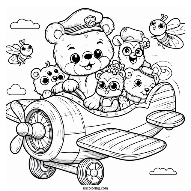Smiling Critters Coloring Page On A Flying Car