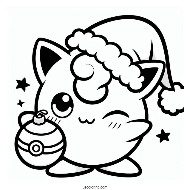 Pokemon Christmas Coloring Page Winking Jigglypuff Wearing Santa Hat For Kids