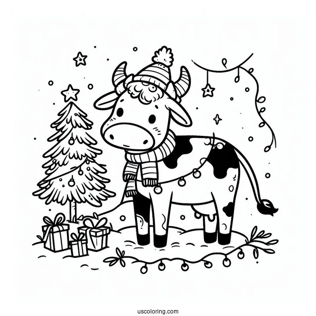 Christmas Themed Cow Coloring Page