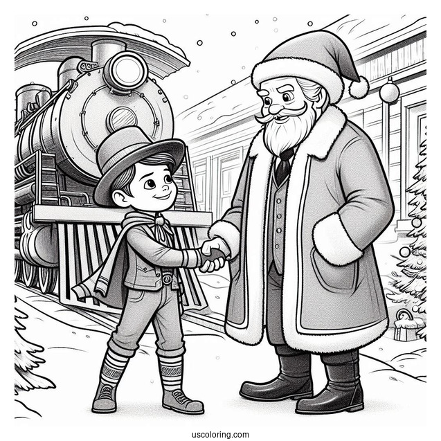 Polar Express Coloring Page Of Hero Boy Shaking Hands With Santa Claus