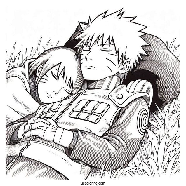 Rin Nohara Sleeping Next To Hatake Kakashi Coloring Page On The Grass