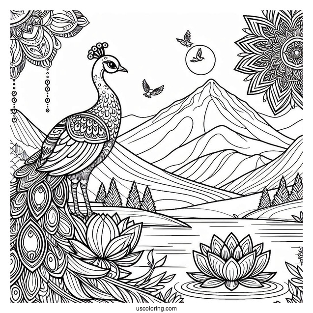 Mandala Peacock Coloring Page Standing on Lotus in Mountain Landscape