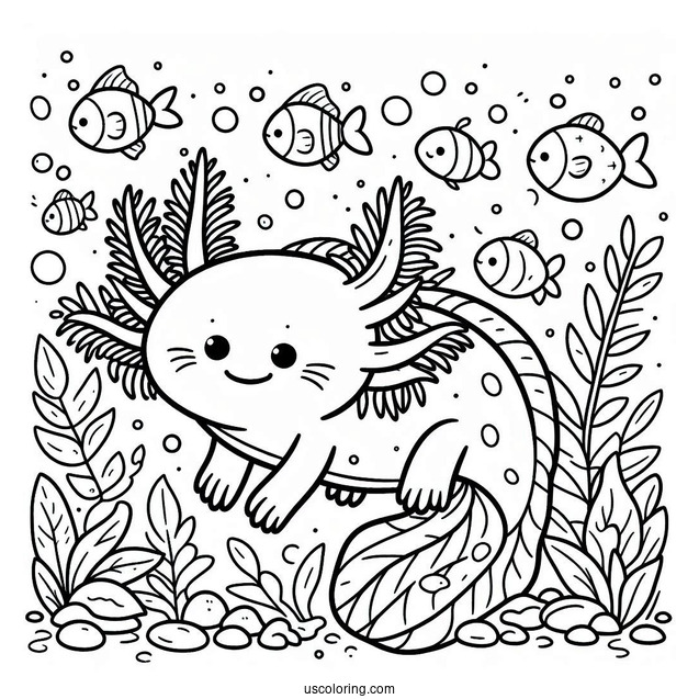 Cheerful Axolotl Coloring Page Swimming With Fishes