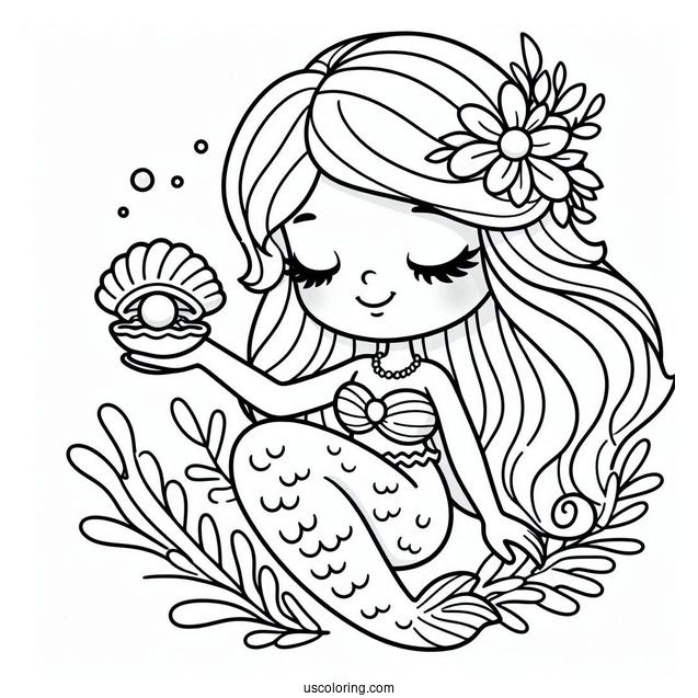 Mermaid Polly Pocket Coloring Page Holding Mussel With Pearl