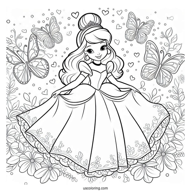 Princess Cinderella Coloring Page With Butterfly Background