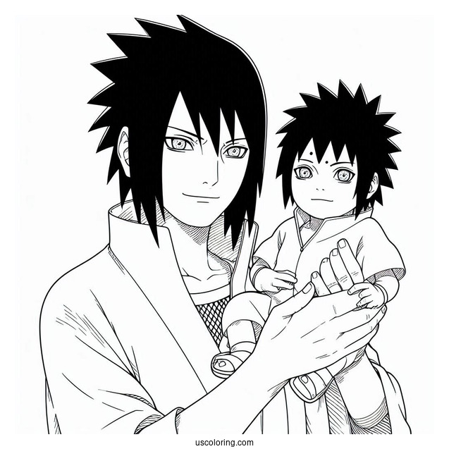 Adult Uchiha Sasuke Coloring Page Holding Baby Sarada