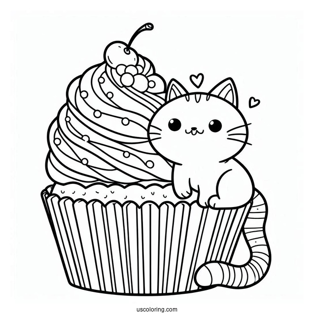 Cat Themed Cupcake To Color For Kids