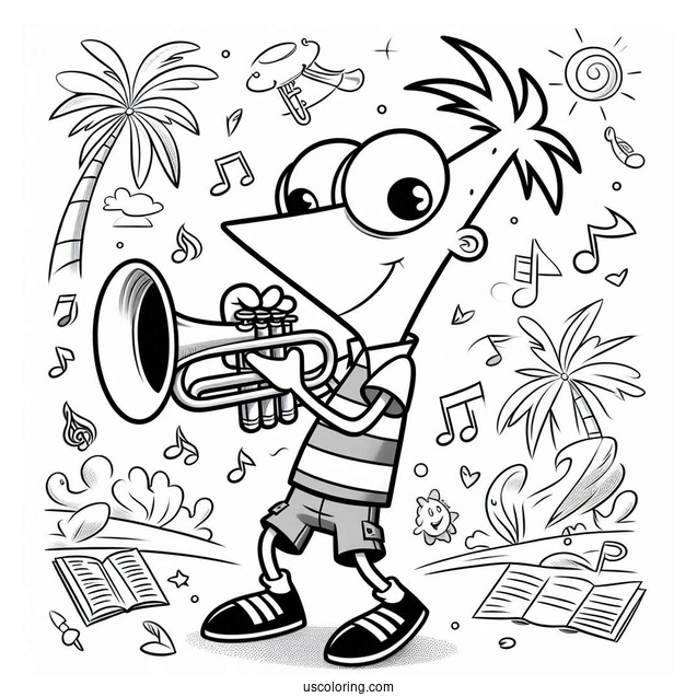 Phineas And Ferb Coloring Page Playing Trumpet For Kids
