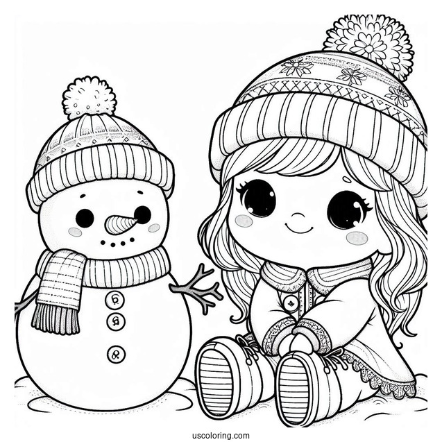 Baby Coloring Page In Winter Clothes Sitting Next To A Snowman