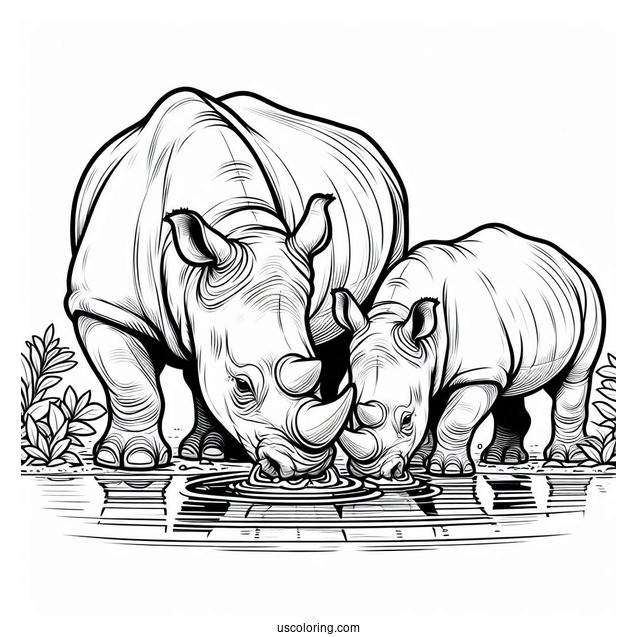 Two Rhinos Drinking Water To Color