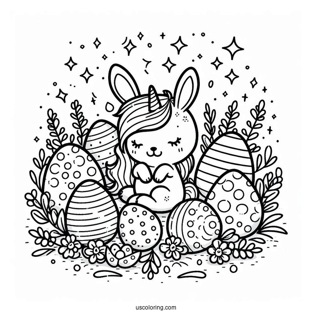 Easter Coloring Page Of Bunny With A Unicorn Surrounded By Easter Eggs