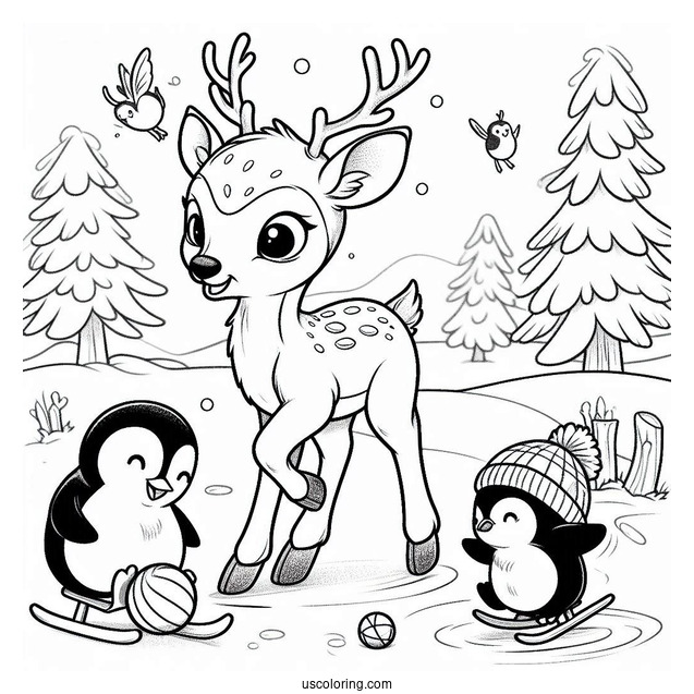 Reindeer Having Fun With Penguins To Color