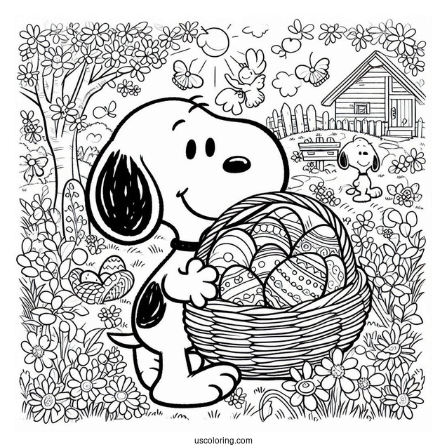 Snoopy Collecting Easter Coloring Page Of Eggs In The Garden
