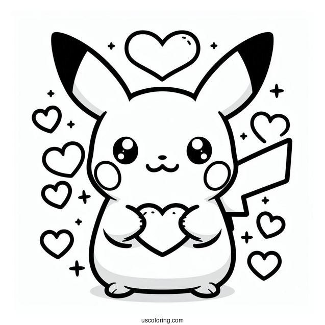 Cute Coloring Page Of Easy Pikachu With Love Hearts For Preschoolers