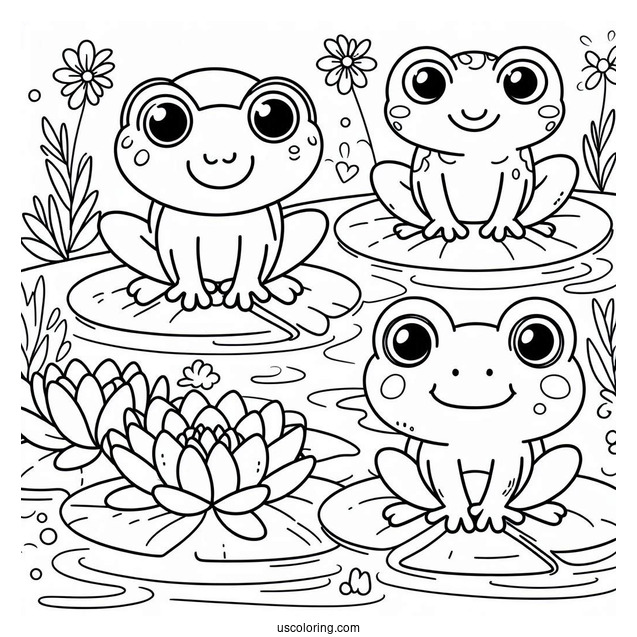 Frogs Sitting On Lily Pads In A Pond Coloring Sheet