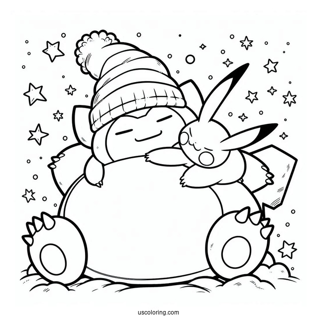 Pikachu Sleeping On Top Of Snorlax Coloring Page In Winter