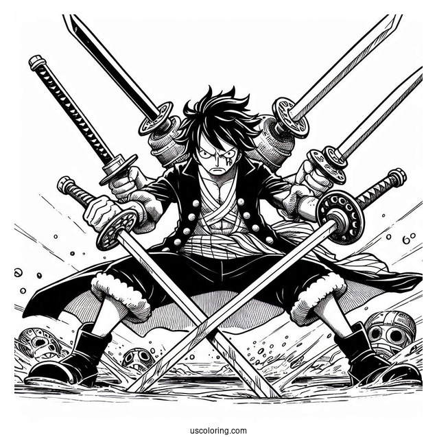 One Piece Coloring Page Of Zoro Using Three Swords In Battle