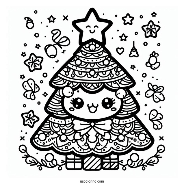 Christmas Mandala Coloring Page Of Kawaii Christmas Tree With Large Star Mandala For Kids