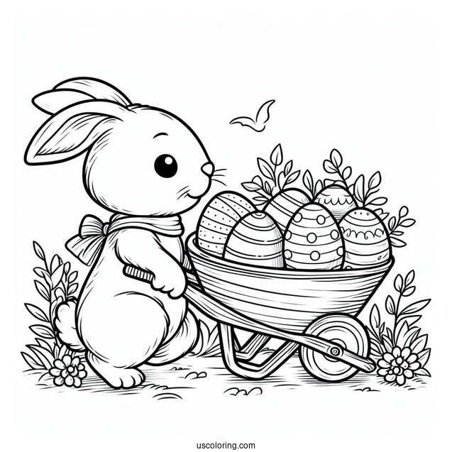 Easter Coloring Page Of Rabbit Pulling Wheelbarrow Full Of Easter Eggs